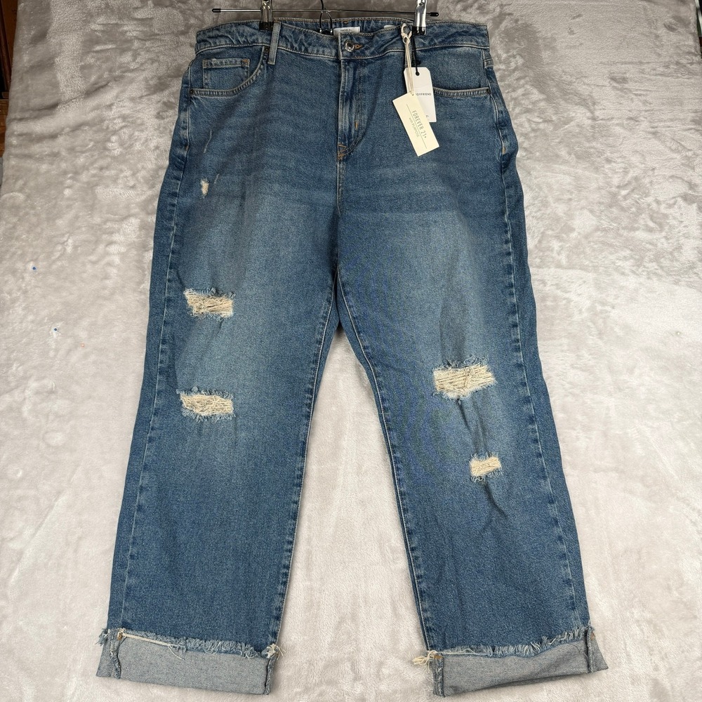Forever 21+ Ex Boyfriend Mid Rise Relaxed Straight Distressed Jeans Blue 14‎ NEW